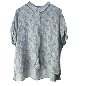 Rachel Zoe 100% Linen Floral Button Front Short Sleeve Shirt Blouse Medium Boxy